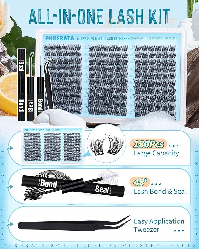 PHKERATA Natural Lash Clusters Kit 180Pcs Wispy Cluster Eyelash Extensions Kit, C Curly DIY Lash Extension Kit with Bond and Seal & Tweezers, Soft Individual Lashes for Everyday Look, 10-16mm