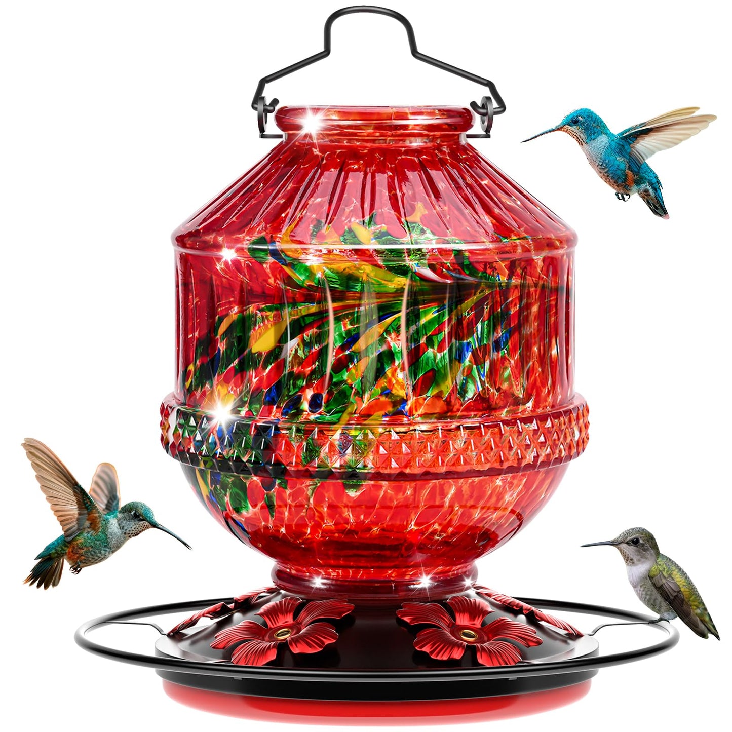 Blown Glass Hummingbird Feeders for Outdoors, 25 Ounces Wild Bird Nectar Feeder with Perch & 5 Flower Feeding Ports Leak Proof Hanging for Garden Backyard Decor, Gifts for Women Mom, Phoenix Red
