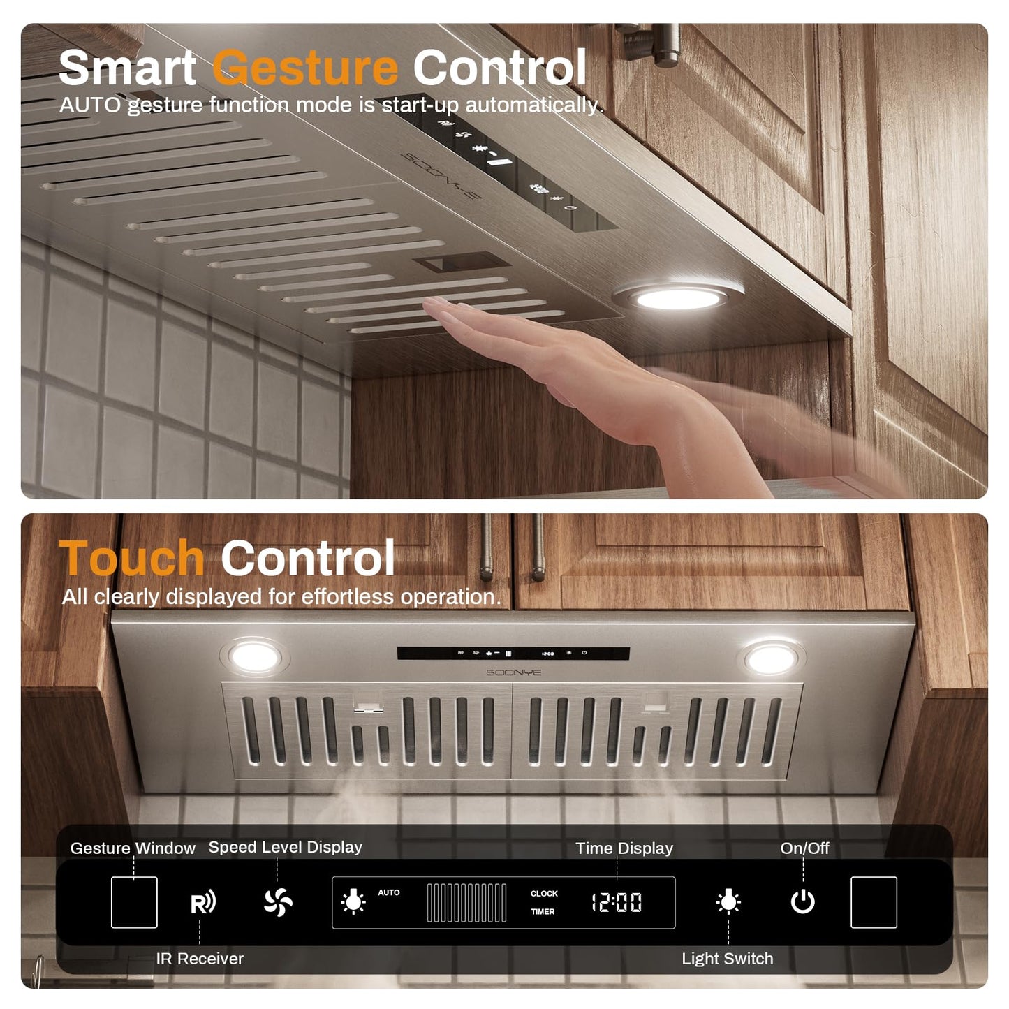 SOONYE Range Hood 30 inch, Insert Range Hood 600 CFM Kitchen Vent Stove Hood with 3 Speed Gestures Sensor Touch Control with Remote, Permanent Baffle Filter, Ducted/Ductless Convertible
