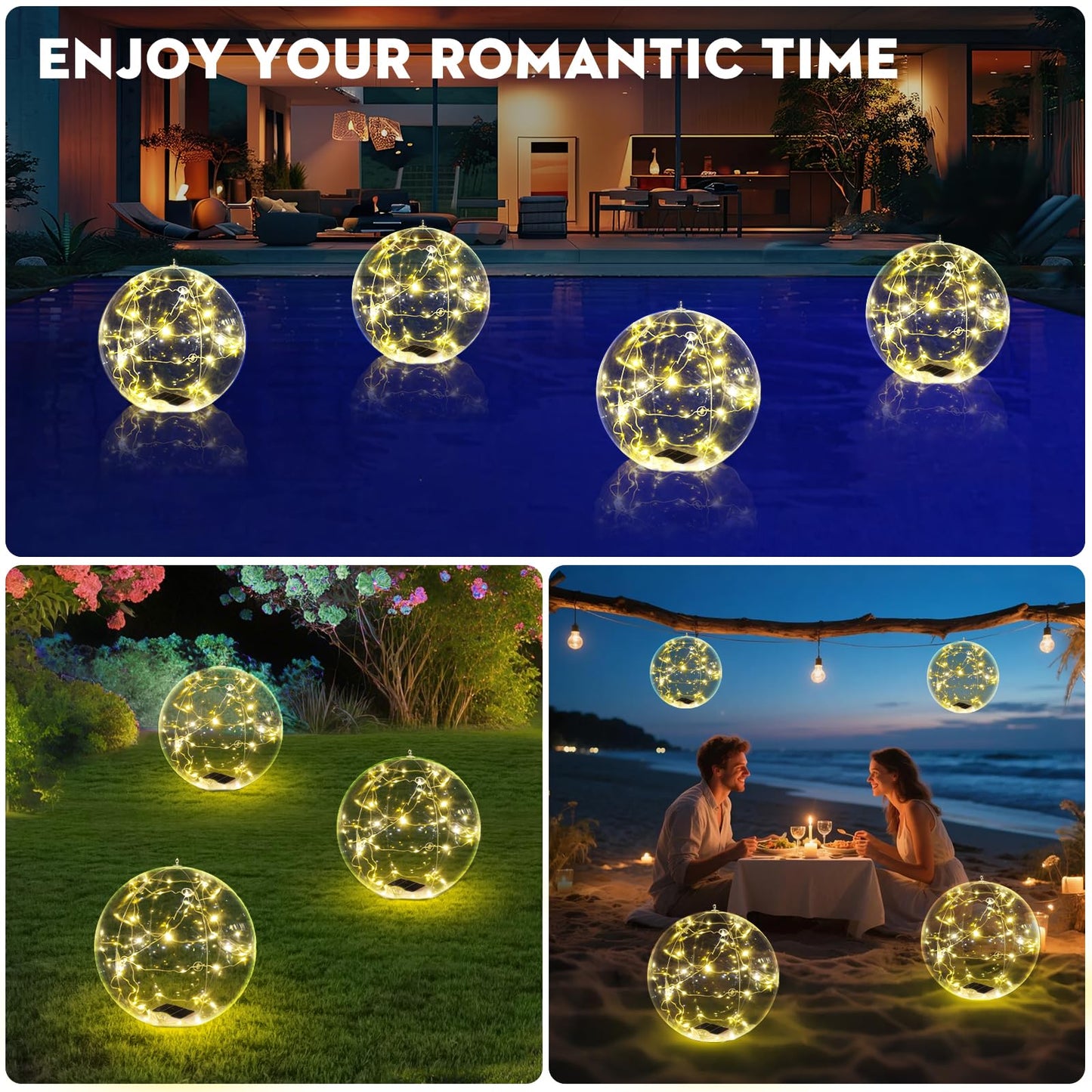 Cootway Floating Pool Lights, 15 Inch Warm White Solar Pool Light that Float, IP68 Waterproof Inflatable Light Up Pool Balls, Float or Hang Solar Floating Lights for Pool, Wedding, Party Decor - 4PCS