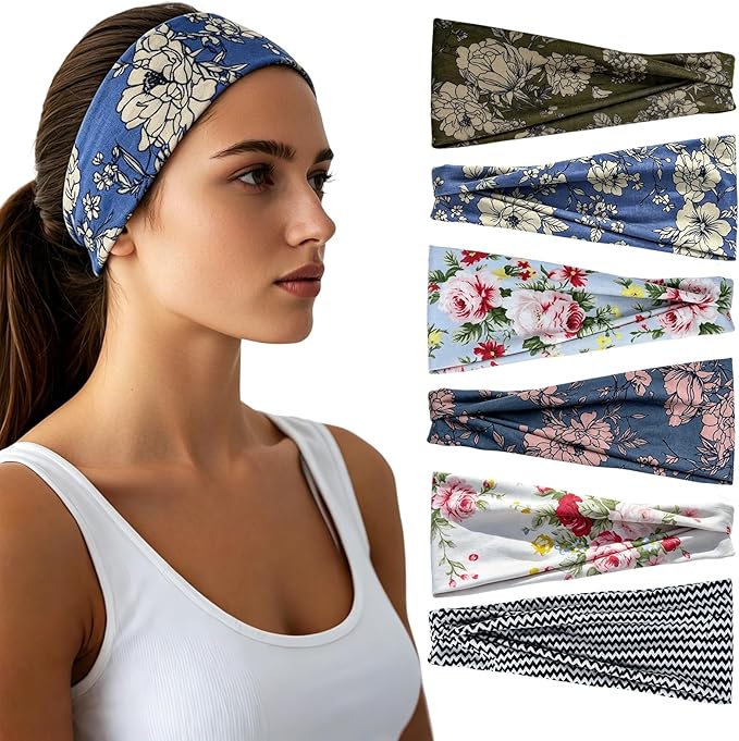 Headbands for Women - 6 Pack Wide Elastic Hair Bands | Stretchy Sweatbands Hair Bands | Soft Sports Thin Head Bands | Non-Slip Accessories Bands for Fashion, Washing Face, Workouts, Yoga, Daily Use
