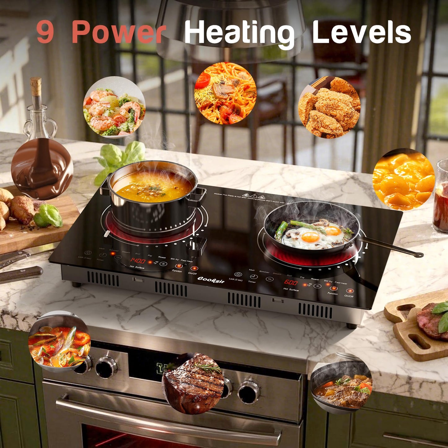 Cooksir 2 Burner Electric Cooktop - 24 Inch(23.6"x 13.8") Built-in & Countertop Electric Stove Top, 120V Double Burner Ceramic Cooktop Portable with Safety Lock, Timer, Touch Control, 110V Plug in