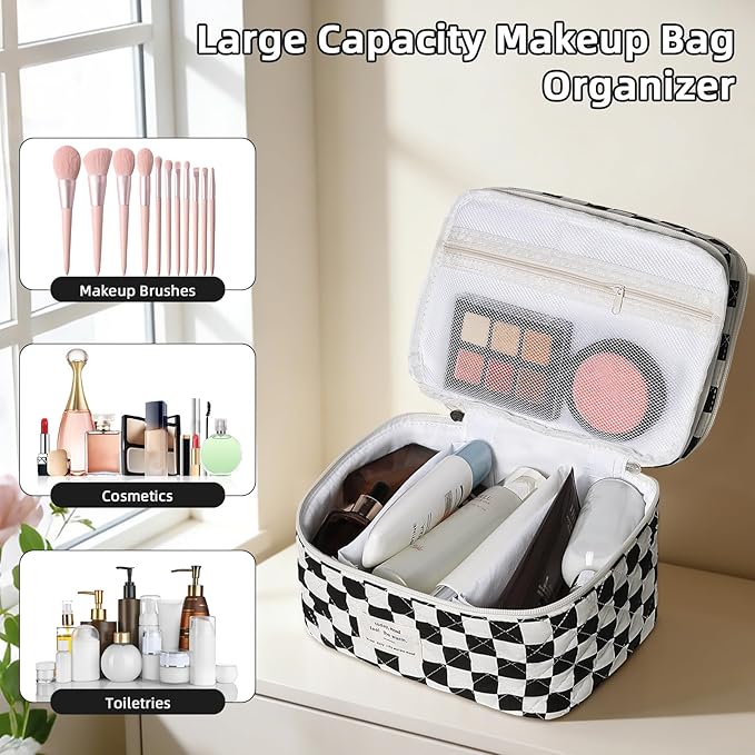 Makeup Bag, Portable Travel Make up Bag, Large Capacity Quilted Cosmetic Organizer Bag, Cute Floral Toiletry Bag for Women Girls