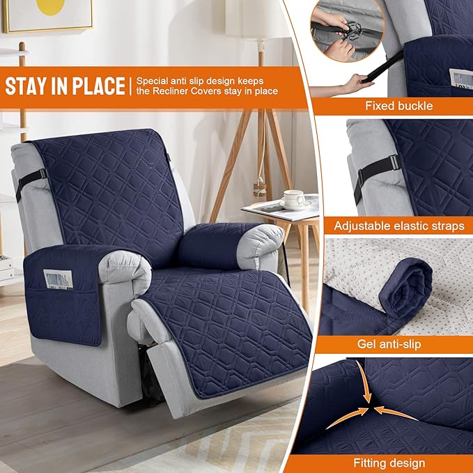 VANSOFY 100% Waterproof Recliner Chair Covers, Recliner Cover Non-Slip Dog Chair Cover Furniture Protector Washable Slipcover with Pocket, Elastic Straps for Pets, Dogs(Dark Blue, 20")