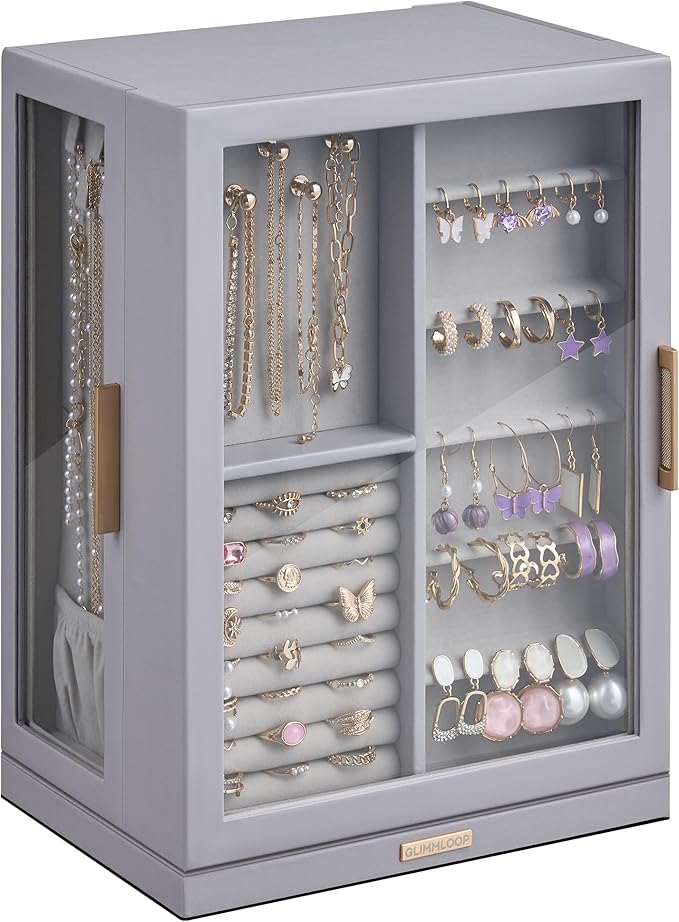 Glimmloop 360ÃÂ° Rotating Jewelry Box with 7 Drawers, Spacious Vertical Jewelry Organizer with Glass Window, Jewelry Storage Case, Dustproof & Moisture-resistant Design, Grey