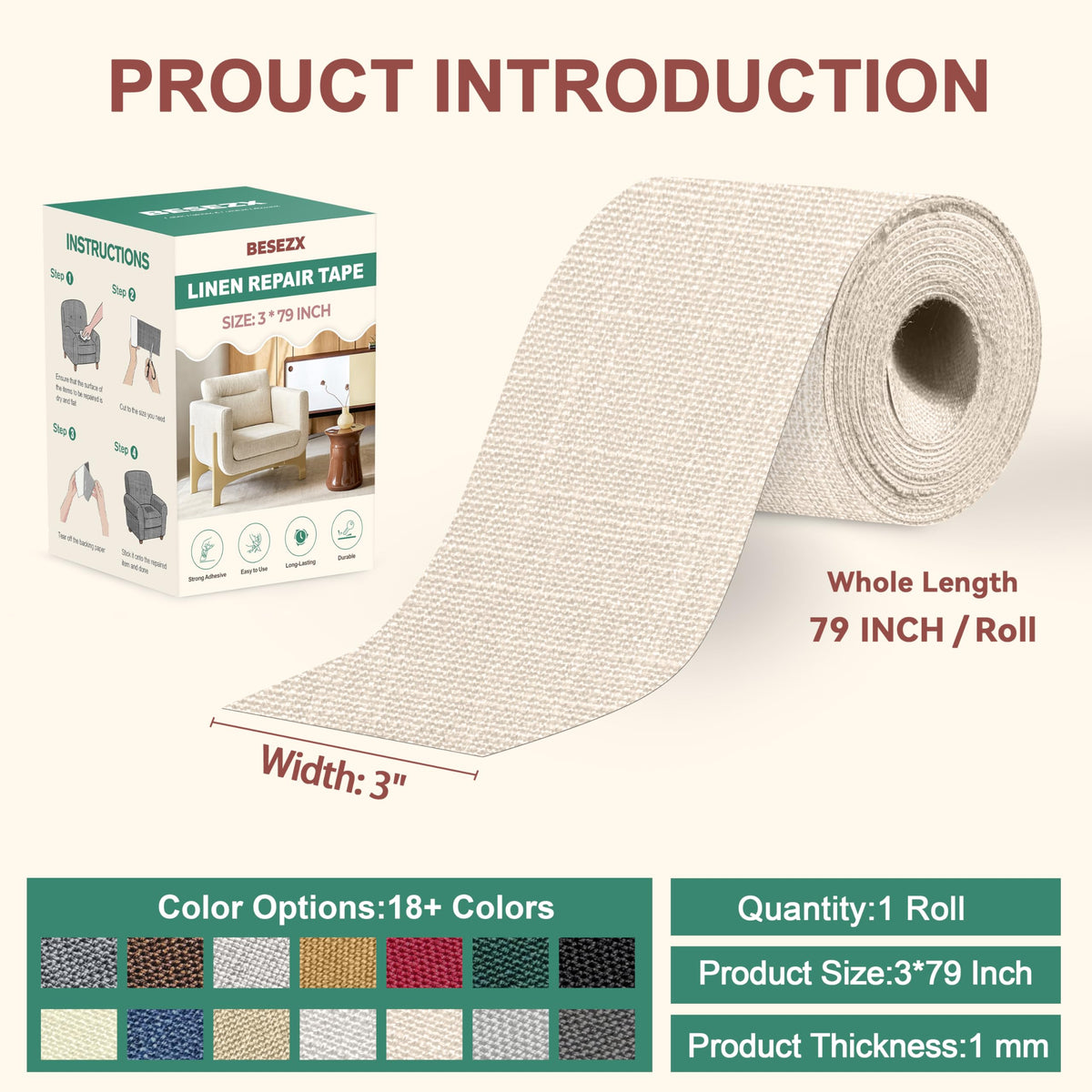 Besezx Linen Fabric Repair Tape, 3x79 Inch Self Adhesive Repair Patches, Couch Fabric Tape for Furniture, Sofa, Chair, Upholstery.(Beige)
