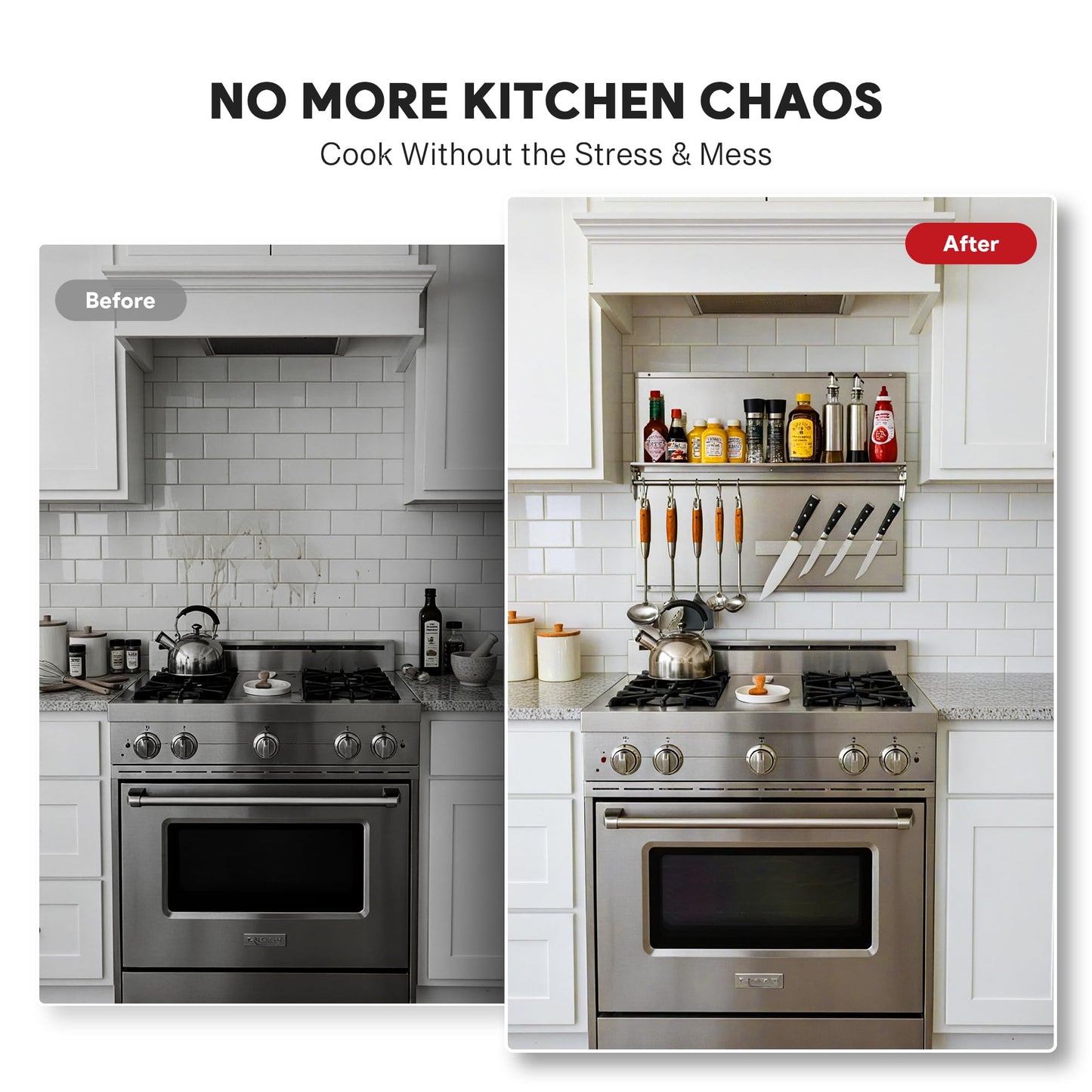 Wilprep Range Backsplash, 36"x30" Stainless Steel Backsplash with Storage Shelf & Magnetic Knife Rack, Range Hood Stainless Steel for Stove, Range Hood Wall Shield with Pre-Drilled Holes