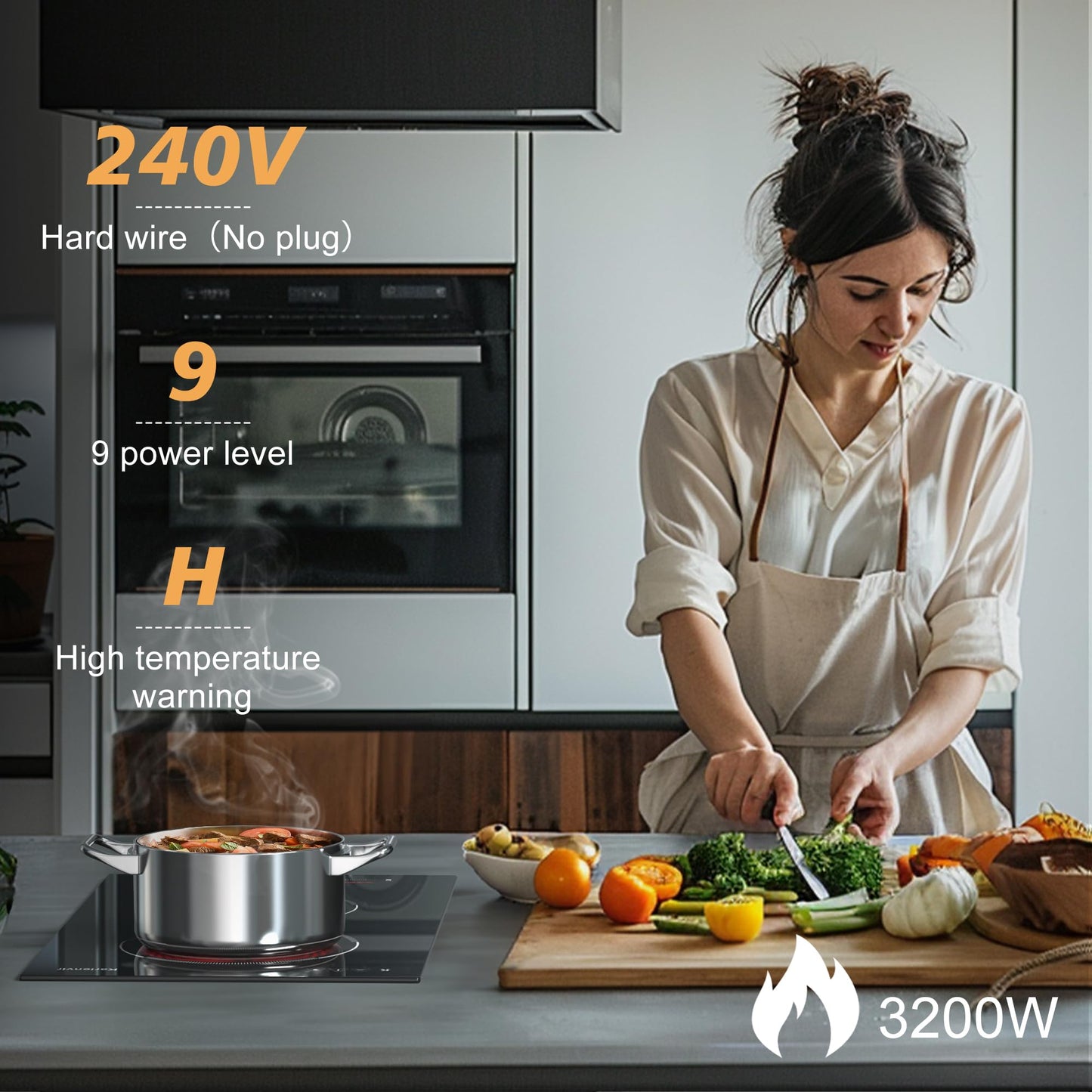 Karienvir 2 Burner Electric Cooktop 220V-240V, 12 Inch Electric Stove Built-in, 9 Power Levels Sliding Control, Electric Cooktop with Timer, Safety Lock, Extended Zone, 3200W, Hard Wire(No Plug)