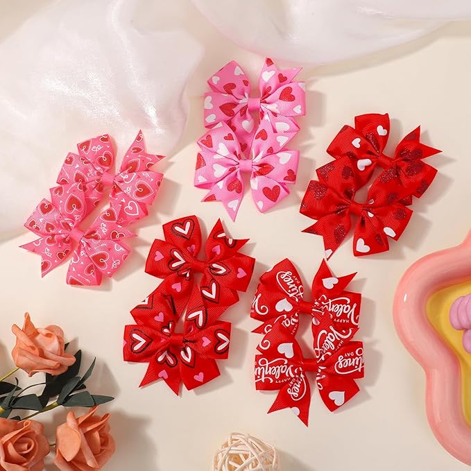 choicbaby 20pcs Valentines Hair Bows Toddler Girls Hair Clips 3＂Grosgrain Ribbon Baby Bow Clips Valentines Love Heart Pattern Bows with Alligator Clips Hair Accessories for Toddler Girls Baby Kids