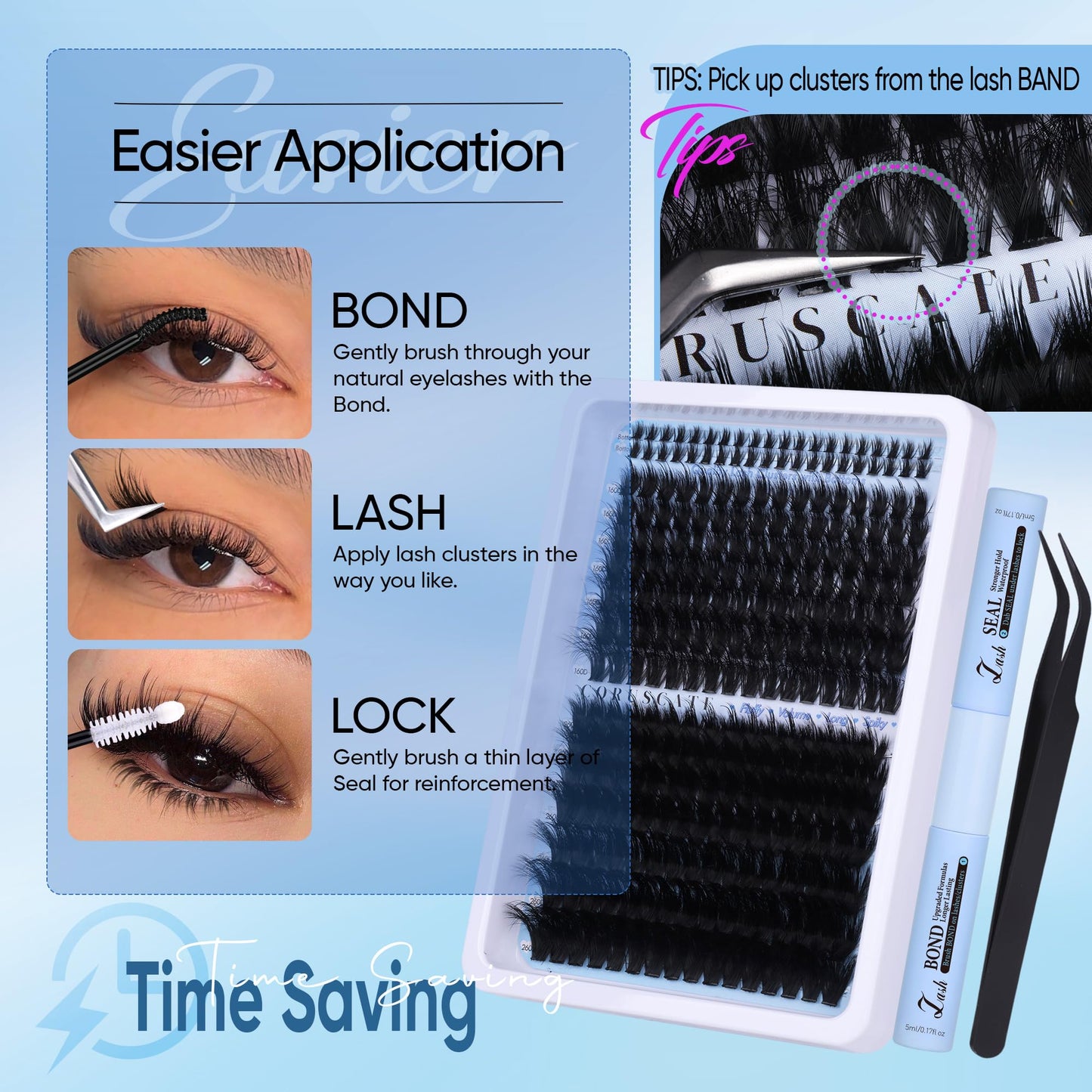 CORUSCATE Lash Clusters Kit with Bottom Lash Extension Kit Thick 160D+260D Cluster Eyelash Extensions Volume Individual Lashes 12-22mm Cluster Lashes Mega Dramatic Style with Lash Bond and Seal Glue