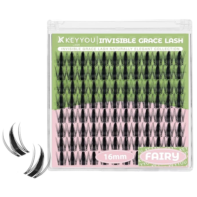 KEYYOU Fairy Lash Clusters 96Pcs D Curl 16MM Manga Lash Extension Eyelash Extension Wispy Natural Invisible Band Lash with Waterproof DIY Lash Extension at Home(Fairy-D-16MM)