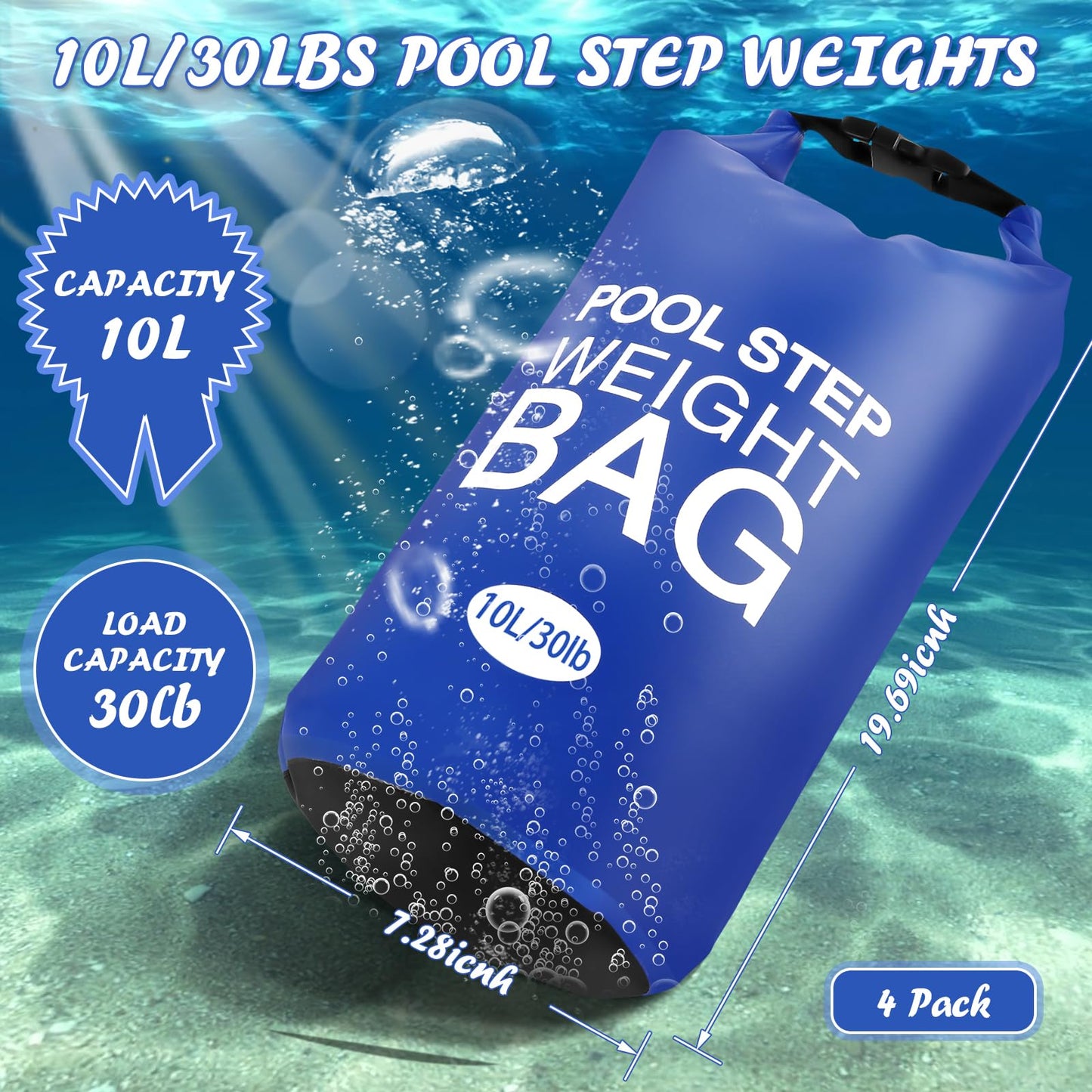 4 Pack 10L/30lb Universal Pool Step Weights 500D PVC Waterproof Swimming Pool Ladder Weights No Breaken Above Ground Pool Ladder Sand Bags, Foldable Pool Stair Weights for Pool Steps(Blue-4PCS)