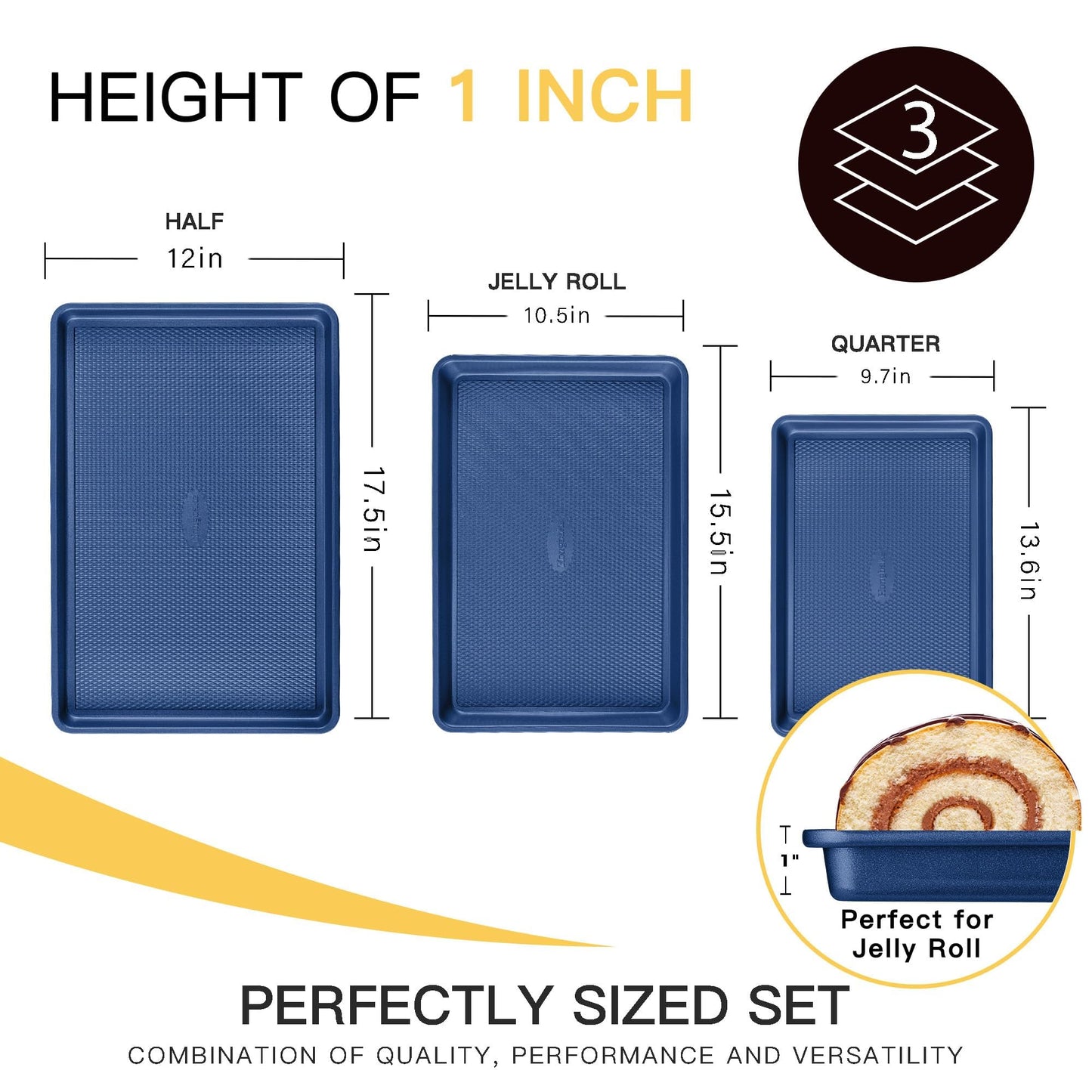 HONGBAKE Baking Sheet Pan Set, Cookie Sheets for Oven, Nonstick Half/Quarter/Jelly Roll Pans with Diamond Texture Pattern, Heavy Duty Cookie Tray, Dark Blue