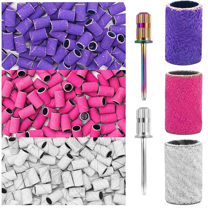 Nail Drill Sanding Bands Set - 300pcs Coarse & Fine Grit Bands (100#180#240#) with 3/32' Mandrel Bits for Manicure
