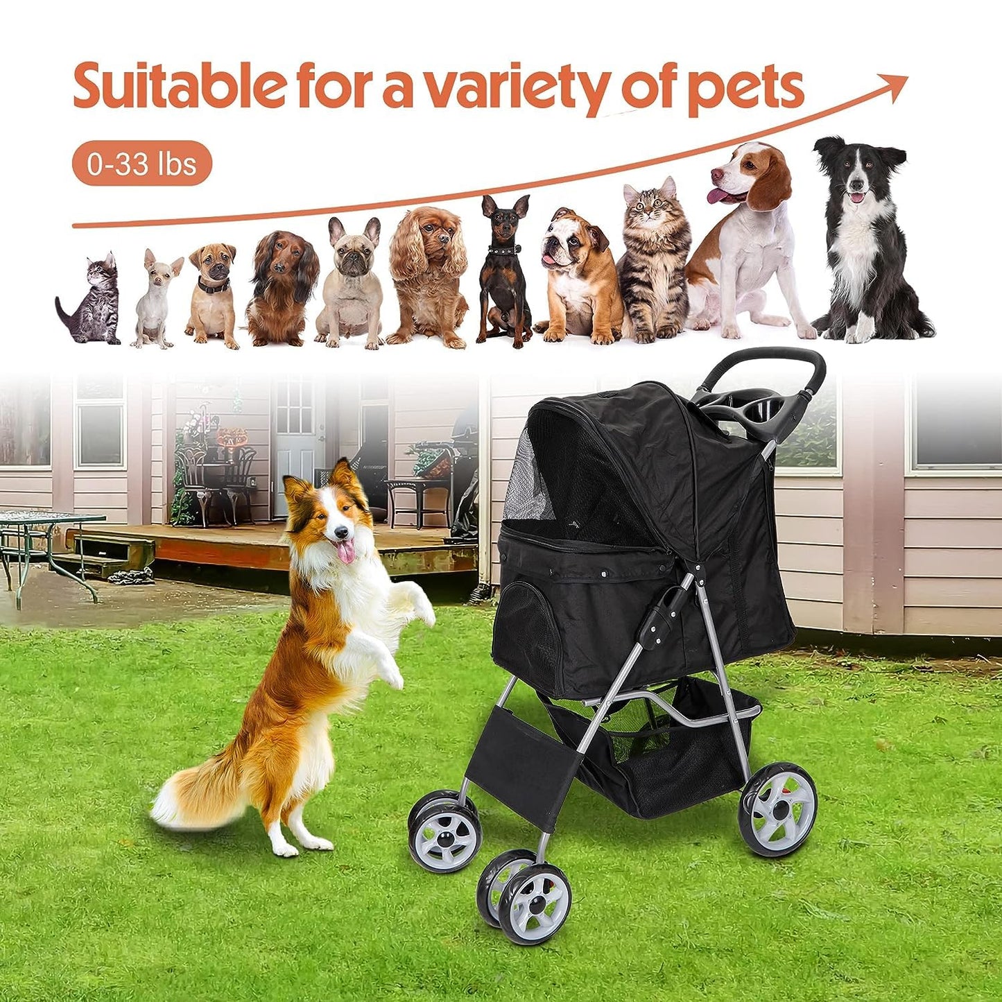 ZENY Foldable Pet Stroller, Cat/Dog Stroller with 4 Wheel, Pet Travel Carrier Strolling Cart with Storage Basket, Cup Holder (Black)