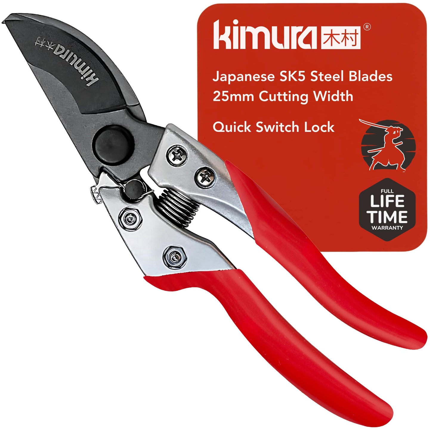 KimuraÂ® 8" Pro Bypass Pruning Shears, Heavy Duty Japanese SK5 Steel Blades, 1 inch Cut Capacity, Non-Slip PVC Coated Handles, Lightweight & Ergonomic, Japanese Pruners, Professional Garden Clippers