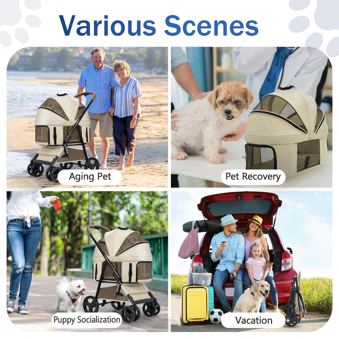 4 Wheels Pet Stroller for Small/Medium Dogs and Cats,Dog Stroller with Detachable Carrier and Storage Basket,One Click Folding,Compact Portable,Up to 50lbs,3 in1 Multifunctional(Khaki)