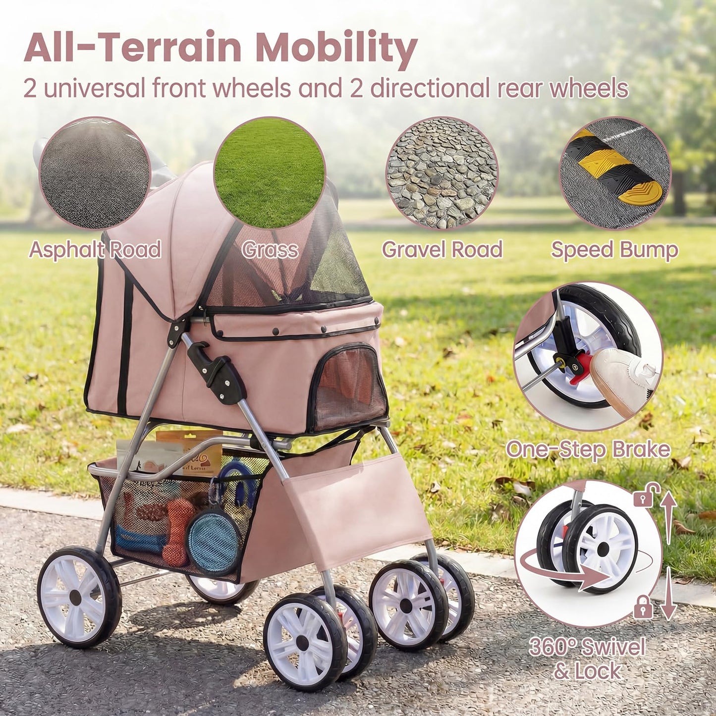 Giantex Foldable Pet Stroller for Small Dogs & Cats, Lightweight Dog Stroller with Lockable Wheels, One-Hand Quick Fold, Adjustable Canopy, Safety Leash & Storage Basket, Pet Travel Stroller, Beige