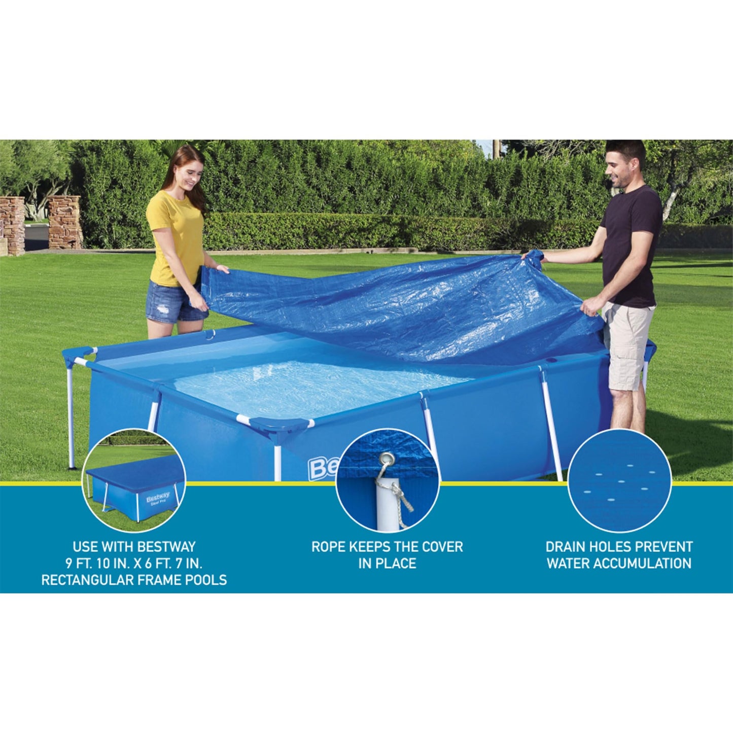 Bestway Flowclear Rectangular 9'10" x 6'7" Above Ground Pool Cover Compatible with Steel Pro Outdoor Swimming Pools with Drain Holes, Blue