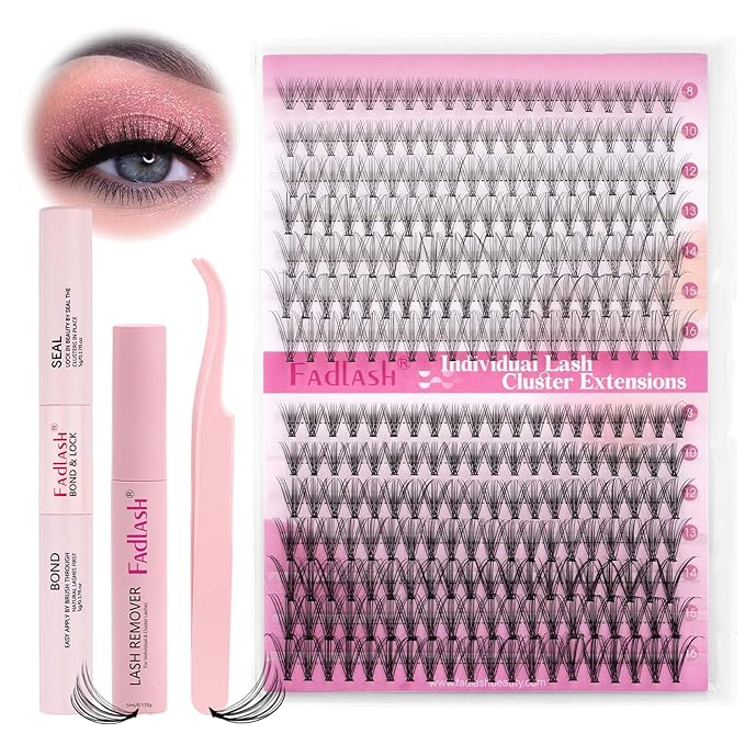 DIY Lash Extension Kit Individual Lashes Clusters Lash Bond and Seal, Clusters Lash Glue Remover and Eyelash Tweezers for Eyelash Extensions (10D+20D-0.07C, 8-16mm, Kit)