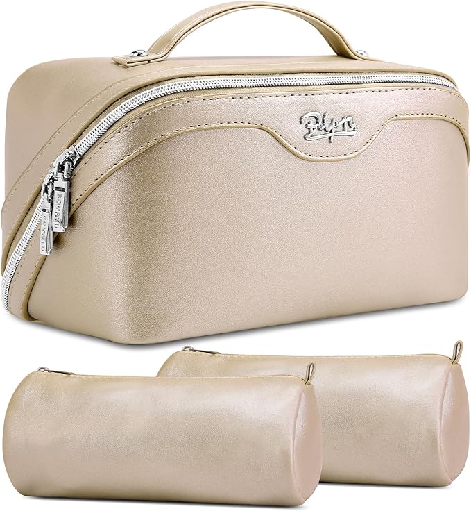 BOYATU Travel Makeup Bag Organizer Cosmetic Bag: 3 Pcs Set Make up Bags for Women with Handle - Waterproof Vegan Leather Toiletry Bags Travel Essentials Pouch with Compartments (C-07-Gold)