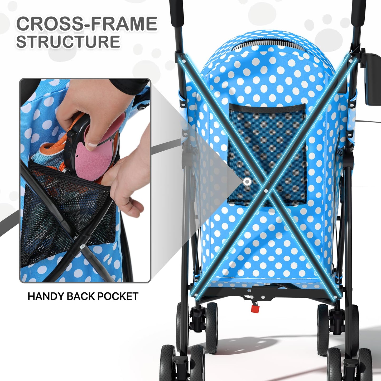 MoNiBloom 4 Wheels Pet Stroller, Easy-Fold Umbrella Shaped Dog Cat Jogger Stroller w/Storage Bag & Visible Mesh for Small/Medium Dogs Cats Sky Blue Polka Dots