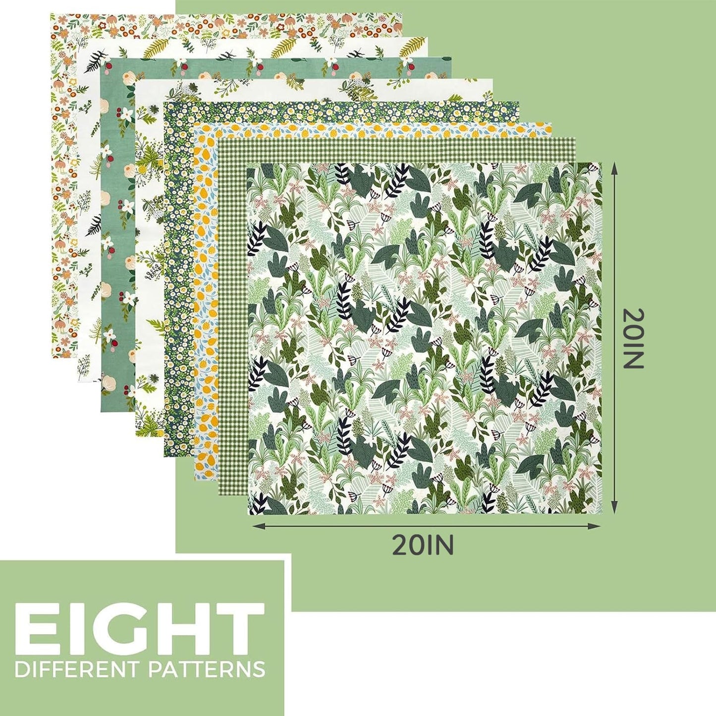 Aubliss 8pcs Fat Quarter Fabric Bundles 20'' x 20'' Cotton Craft Fabric Pre-Cut Squares Sheets for Patchwork Sewing Quilting Crafting(Green Floral)