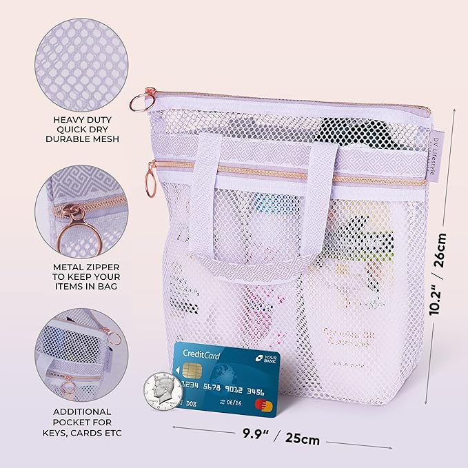 DV Lifestyle Mesh Shower Bag 10.2x9.9'' Quick-Dry Caddy with Zipper & 2 Pockets. Portable Toiletry Tote for Bathroom, Gym, Travel, Camp, Beach, for Sunscreen, Dorm & College Essentials (Light Gray)