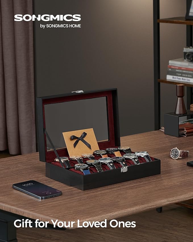 SONGMICS Watch Box, 12-Slot Watch Case Organizer with Large Glass Lid, Removable Pillows, Gift for Loved Ones, Black Synthetic Leather, Wine Red Lining UJWB120R01
