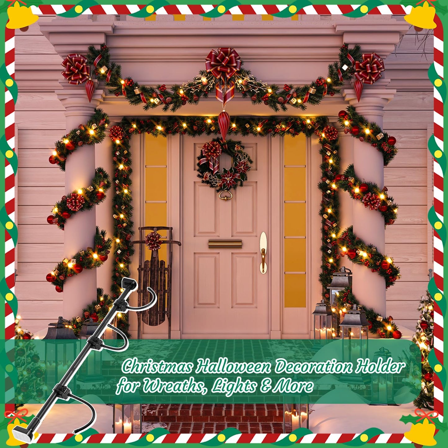 Garland Hanger for Front Door Frame, Adjustable Fits 18"-80" Doors（Large），Heavy-Duty Christmas Halloween Decoration Holder for Wreaths, Lights & More | No Screws, Drilling, Glue-Damage-Free