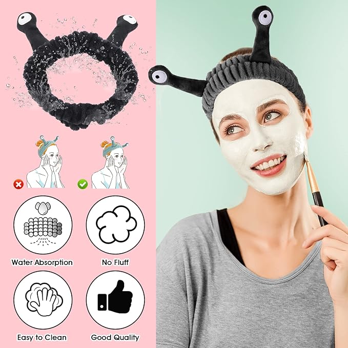 Face Wash Headband, Palm and Snail Spa Hair Bands Makeup Headbands Women Cartoon Cute Coral Fleece Elastic Headband Creative Hair Accessories for Washing Face Shower Sports (Black)