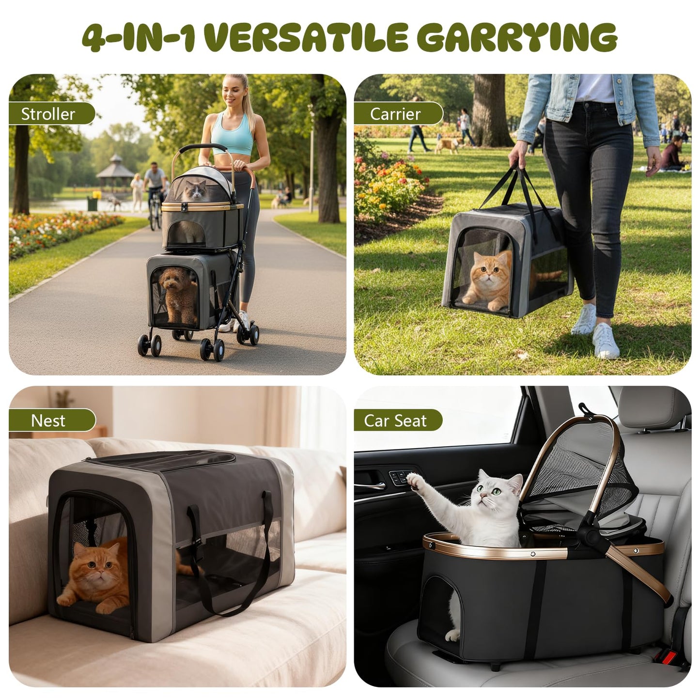 Beuway Double Pet Stroller for Dogs and Cats - Dog Stroller Foldable Travel Carriage with Detachable Carriers, Safety Belts, and 4 Lockable Wheels for Small to Medium Pets (Black)