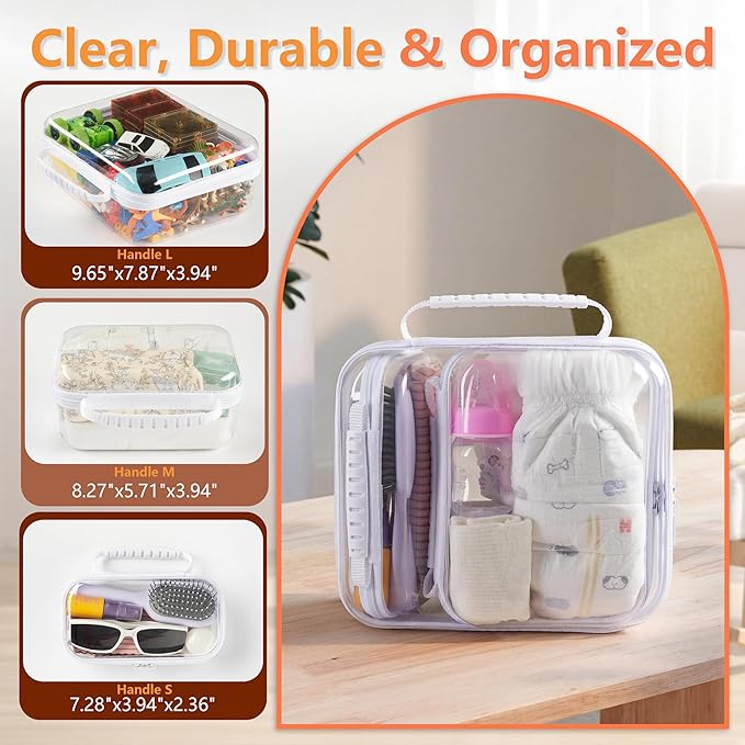 3PCS Travel Essentials for Toiletries with Handles, 1.2MM Thick Clear Hard Shell Zipper Case, Durable Makeup Bag for Cosmetics, Puzzles and Snacks, Clear Travel Bag for Diaper Bag Organizer