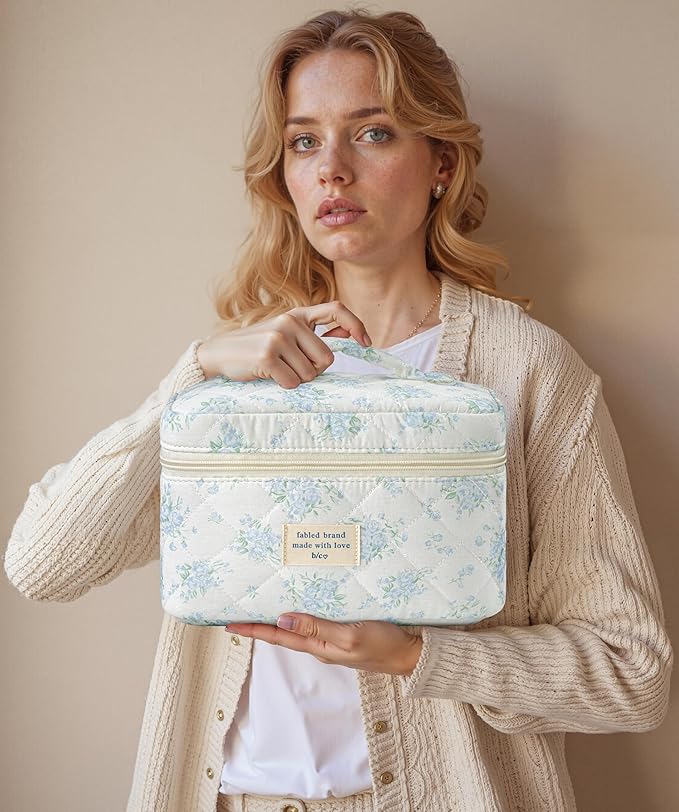 HBselect Quilted Makeup Bag, 3PCS Cotton Large Travel Makeup Bag, Cute Floral Coquette Make up Bag Cosmetic Bag Toiletry Bag for Women Girls
