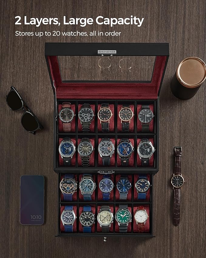 SONGMICS Watch Box, 20-Slot Watch Case Organizer with Large Glass Lid, Removable Pillows, Metal Lock, Gift for Loved Ones, Black Synthetic Leather, Wine Red Lining UJWB020R01