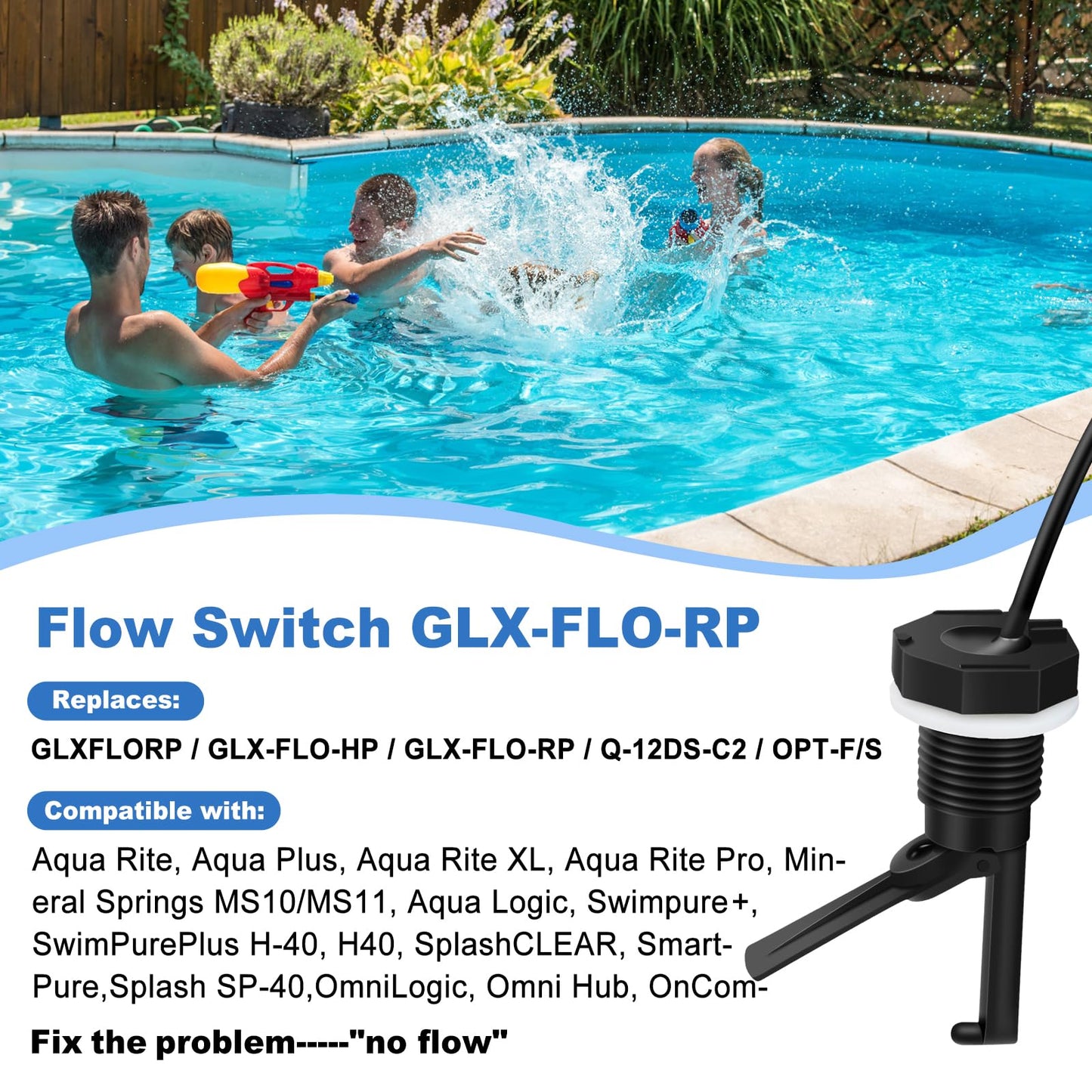 GLX-FLO-RP Flow Switch for Hayward Goldline Aquarite Salt Systems - Pool Flow Sensor with 15ft Cable - Replaces GLXFLORP - Protects Salt Cell & Chlorine Generator