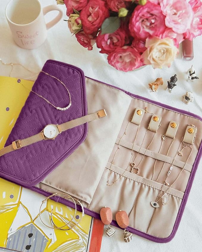 BAGSMART Travel Jewelry Organizer Roll Foldable Jewelry Case for Journey-Rings, Necklaces, Bracelets, Earrings,Purple