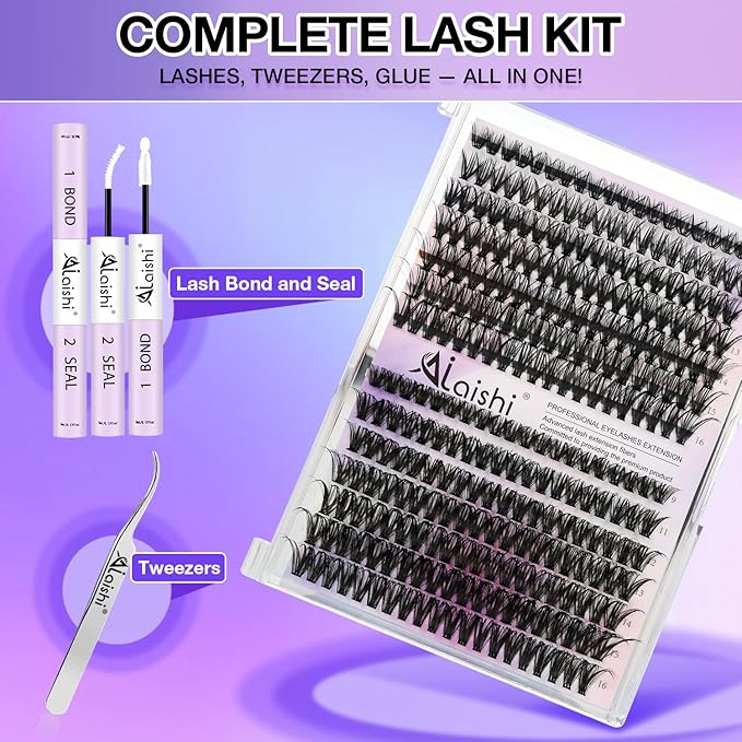 Lash Clusters Kit, DIY Cluster Eyelash Extensions 9‑16mm, 40D+50D, 280pcs, D Curl Natural Volume Lashes with Bond & Seal,Tweezers–Fake Cat Eye Wispy Individual Clusters
