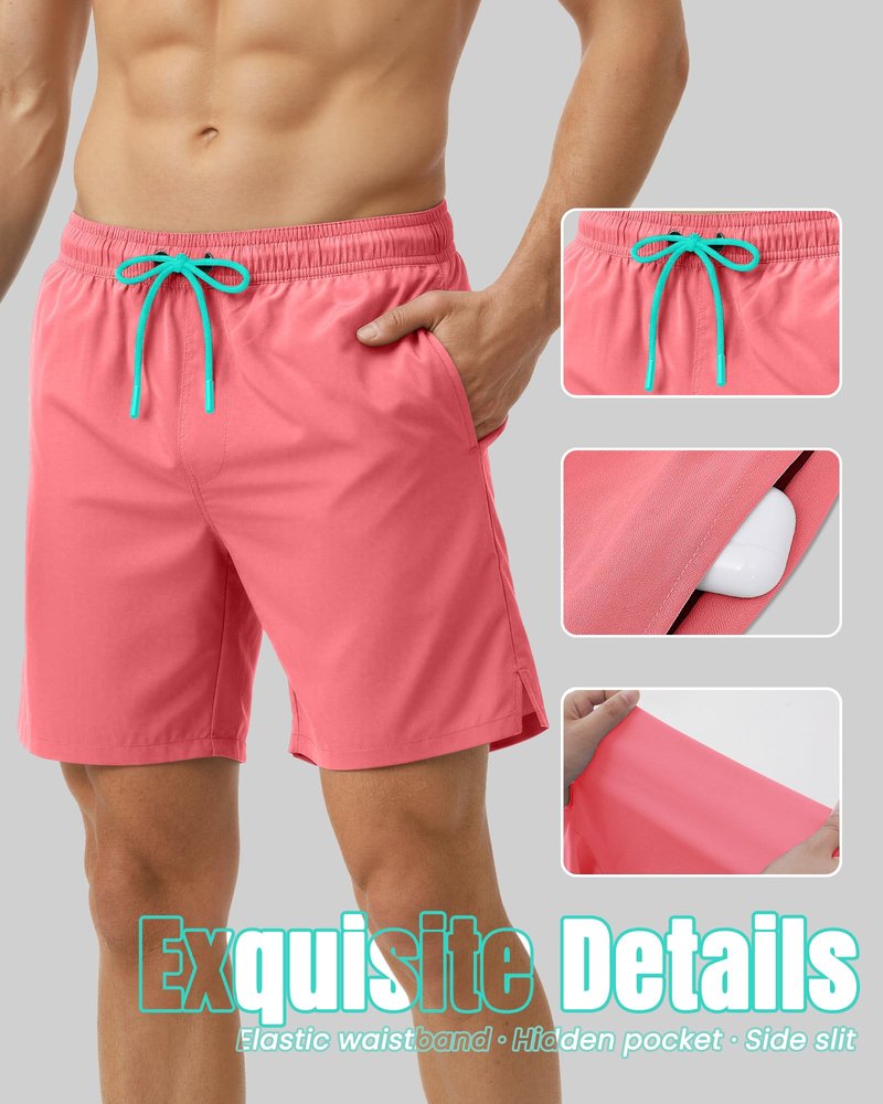 7 Inch 7in Men Swim Trunks mid-thigh Compression Liner Quick Dry Drawstring Male Swimwear Swimsuit Swimtrunks Boardshorts Bathing Suit Fair Beach Water Shorts Zipper Mesh Pocket Inseam Harbor Pink