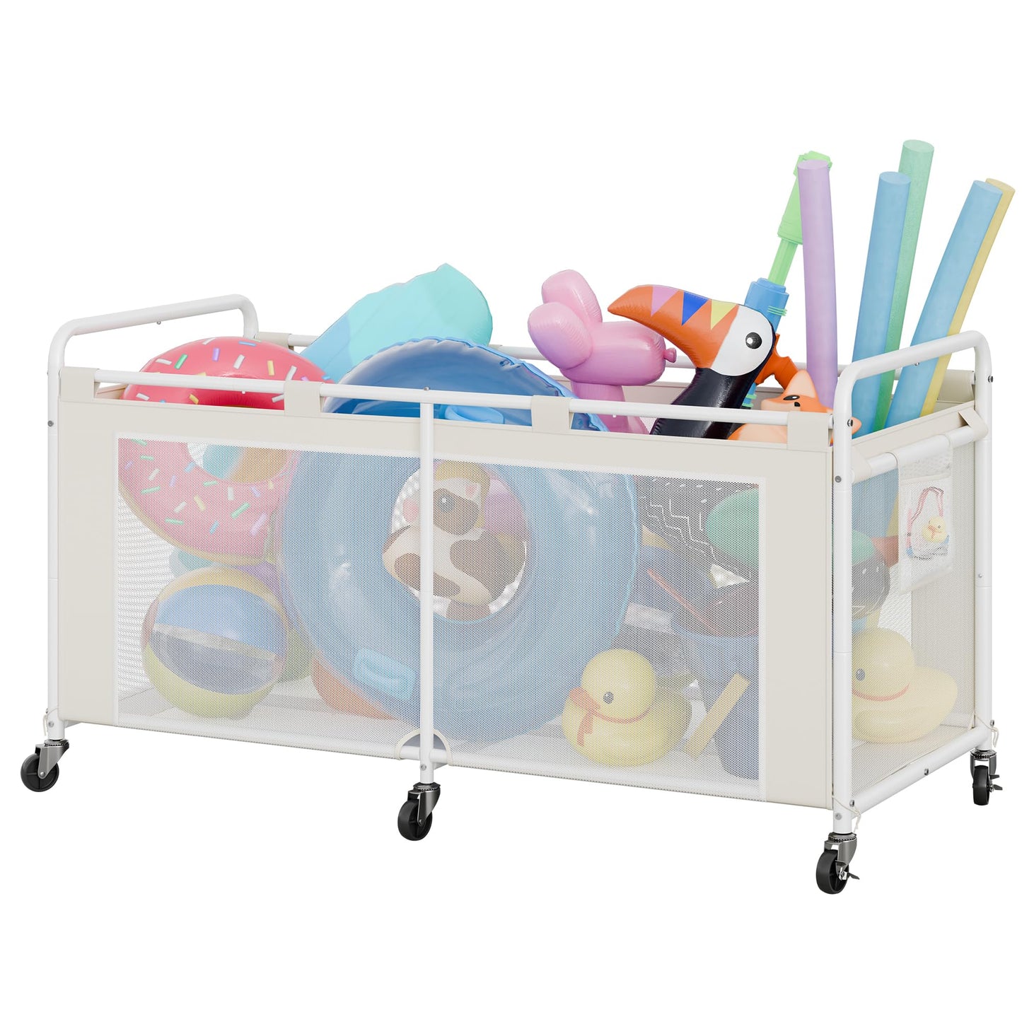 GRANNY SAYS Pool Float Storage Organizer, 290-Gallon Large Pool Storage Bin,35" Pool Toy Storage Cart with Wheels for Floats,Toys and Balls,Mesh Poolside Storage Holder for Swimming Pool,Beige