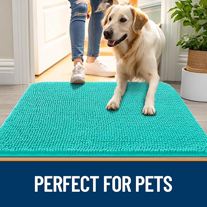 OLANLY Dog Door Mat for Muddy Paws 45x27, Absorbs Moisture and Dirt, Absorbent Non-Slip Washable Doormat, Quick Dry Chenille Mud Mat for Dogs, Entry Indoor Entryway Carpet for Inside Floor, Teal