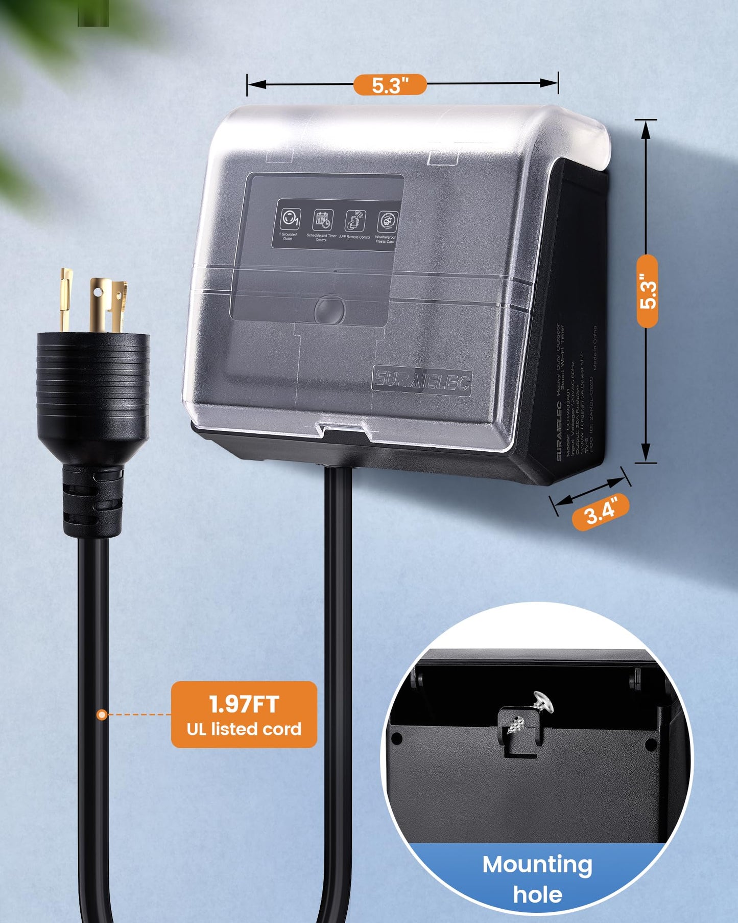 SURAIELEC WiFi Pool Timer for Above-Ground Pools, Twist-Lock NEMA L5-20R Plug-in Timer, 20A 125V 1HP, Weatherproof PC Cover, App Control, Ideal for Pool Pumps, Filters, Lights, and Saltwater Systems