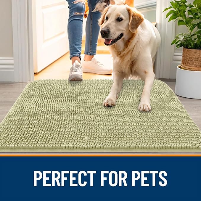 OLANLY Dog Door Mat for Muddy Paws 54x32, Absorbs Moisture and Dirt, Absorbent Non-Slip Washable Doormat, Quick Dry Chenille Mud Mat for Dogs, Entry Indoor Entryway Carpet for Inside Floor, Vanilla