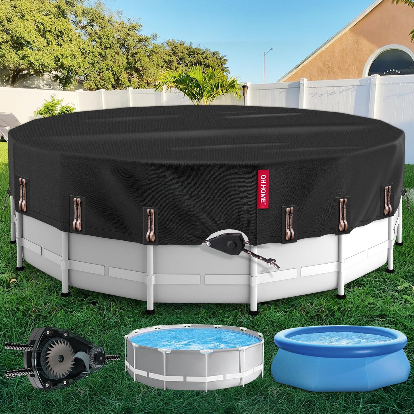 QH.HOME Solar Round Pool Cover for 12 Ft Bestway/Intex Above Ground Pool,One-Piece Tear Resistant Swimming Pool Cover Protector with Fast Tightening Patented Ratchet & Upgraded Ultimate Windproof