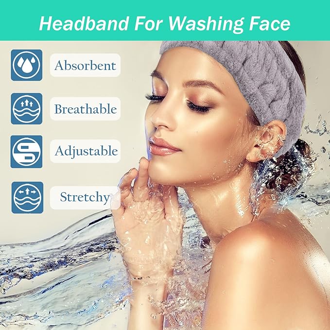 Microfiber Spa Headband 3-Pack, Soft Terry Cloth Headband for Washing Face, Facial Mask, Makeup, Shower, Yoga, Gift for Women and Teens (Black+Light Gray+White)