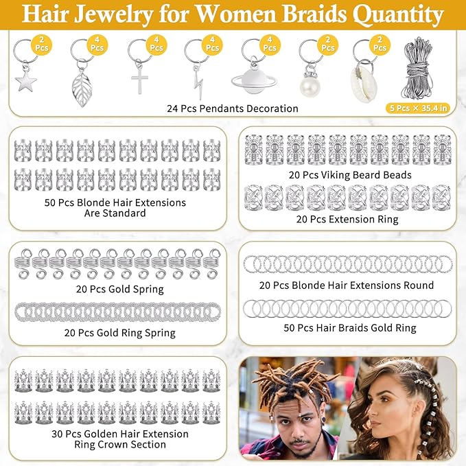Lucomb 259 Pcs Hair Jewelry, Hair Accessories for Braids Silver Loc Jewelry for Hairs Dreadlocks Braid Jewelrys Hairs Cuffs Clips Dreadlock Accessories for Women's Loc Charms Rings Decoration