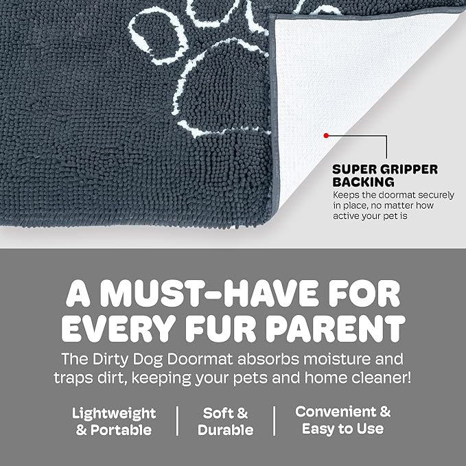 Dog Gone Smart Dirty Dog Doormat - Fast Drying Rug with Super Gripper Backing for Clean Floors - Super Absorbent and Machine Washable Mat for Muddy Paws - Mist Grey