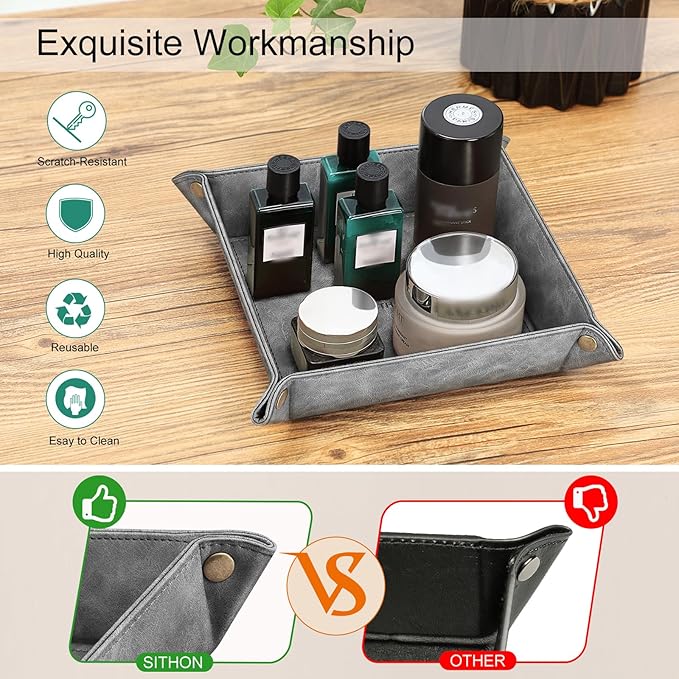 SITHON Valet Tray Desktop Storage Organizer Ã¢ÂÂ Premium PU Leather Catchall Bedside Vanity Tray Nightstand Caddy Holder for Remote Controller, Keys, Phone, Wallet, Coin, Jewelry (Gray)