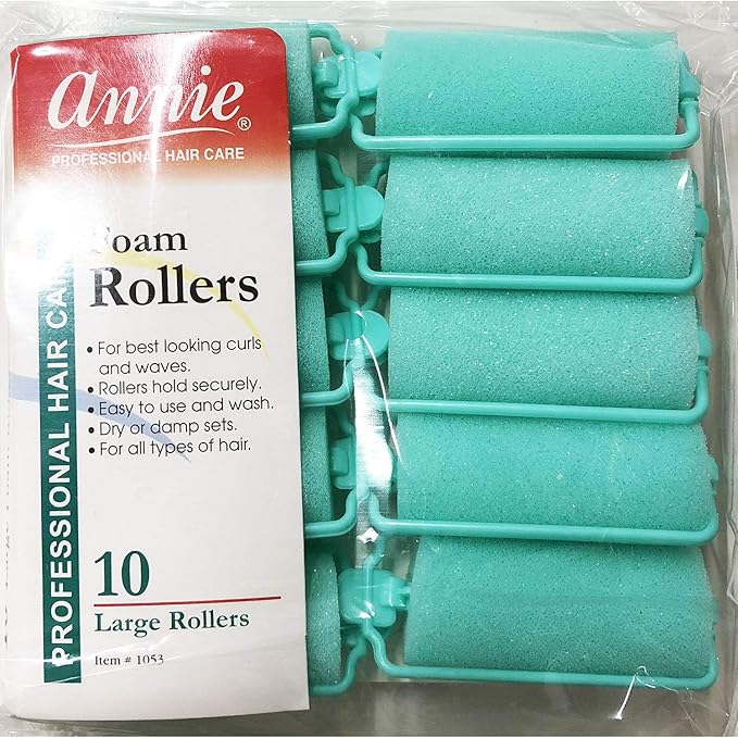 Annie Foam Hair Rollers Large 1 Inch, 10 Count Green Soft Sponge Curlers for Heatless Curls & Waves, No Pins or Clips Needed, For Wet or Dry Hair, Comfortable Overnight Set