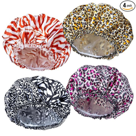 4 PCS Shower Caps for Women, Elastic and Reusable Bath Caps, Double Waterproof Layers Shower Cap, Bathing Shower Caps, Environmental Protection Hair Bath Hat - Printed Color